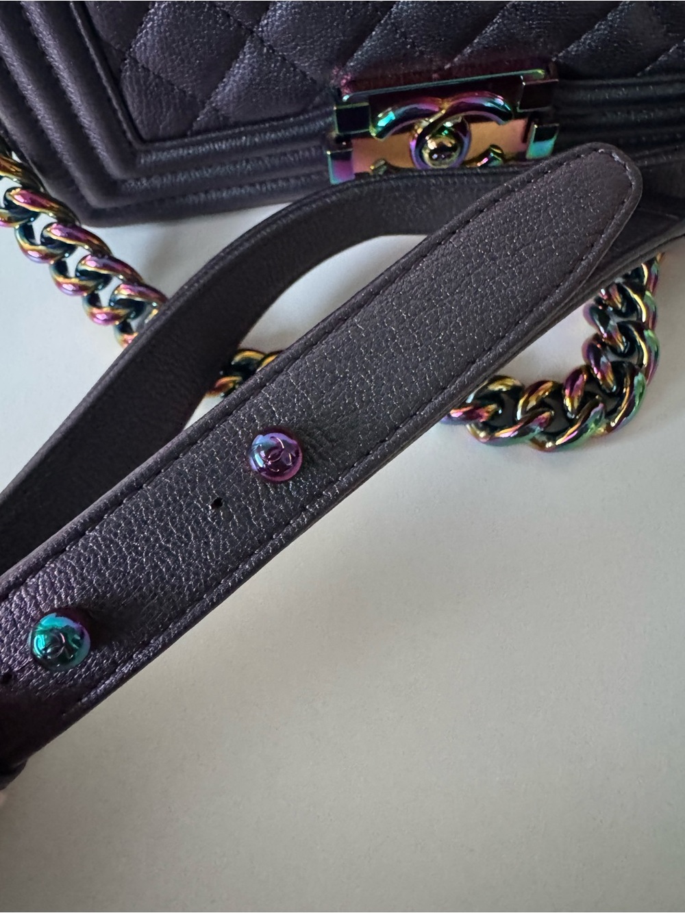 Chanel Small Iridescent Black Quilted Boy Bag with Multicolor Chain - Picture 7 of 12